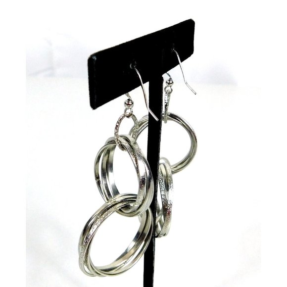 Multi Circle-Link Interlocking Hoops Polished Textured Dangled Pierced Earrings - Picture 6 of 8